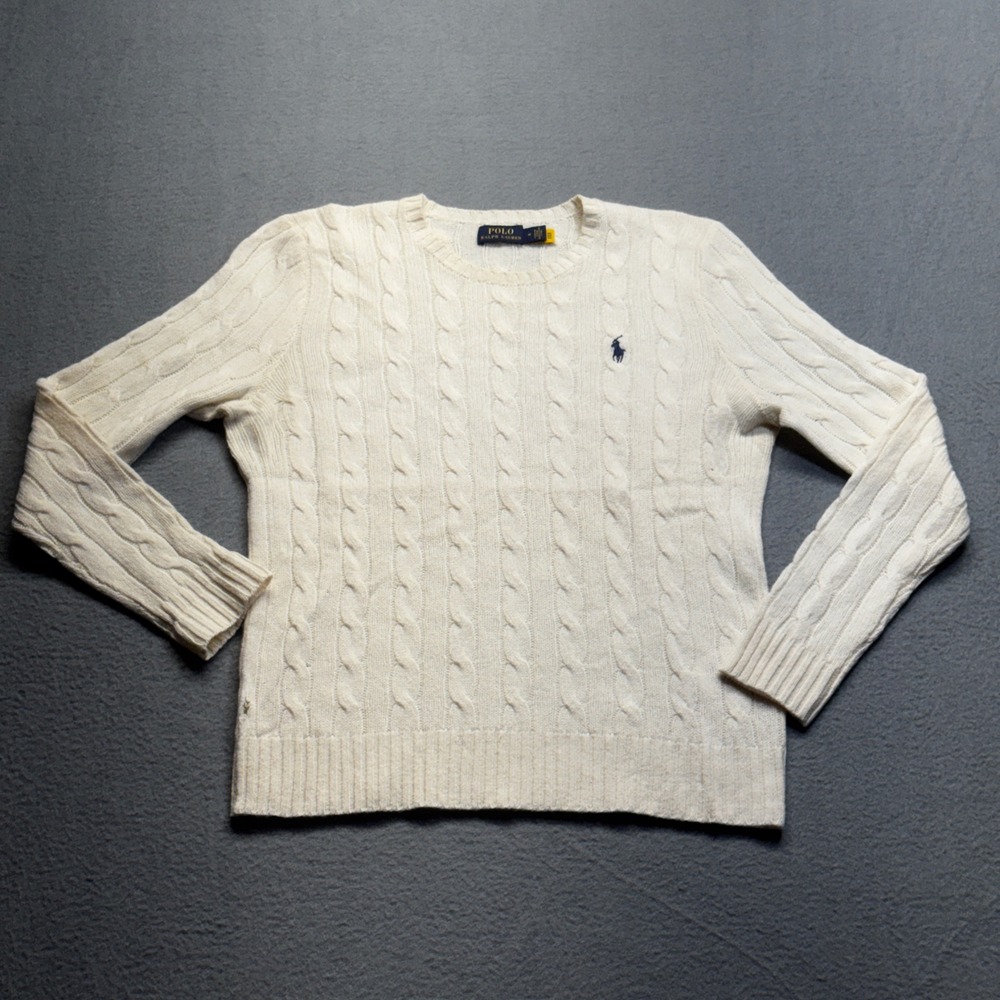 Polo Ralph Lauren Cable Knit Sweater Mens Medium Cream Wool Cashmere Pullover